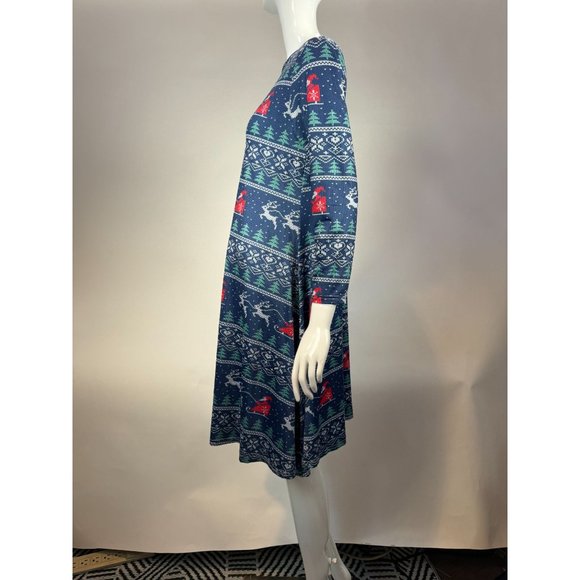 Santa Sleigh Christmas Long Sleeve Dress Size XXL Blue Cotton Blend - Picture 12 of 16